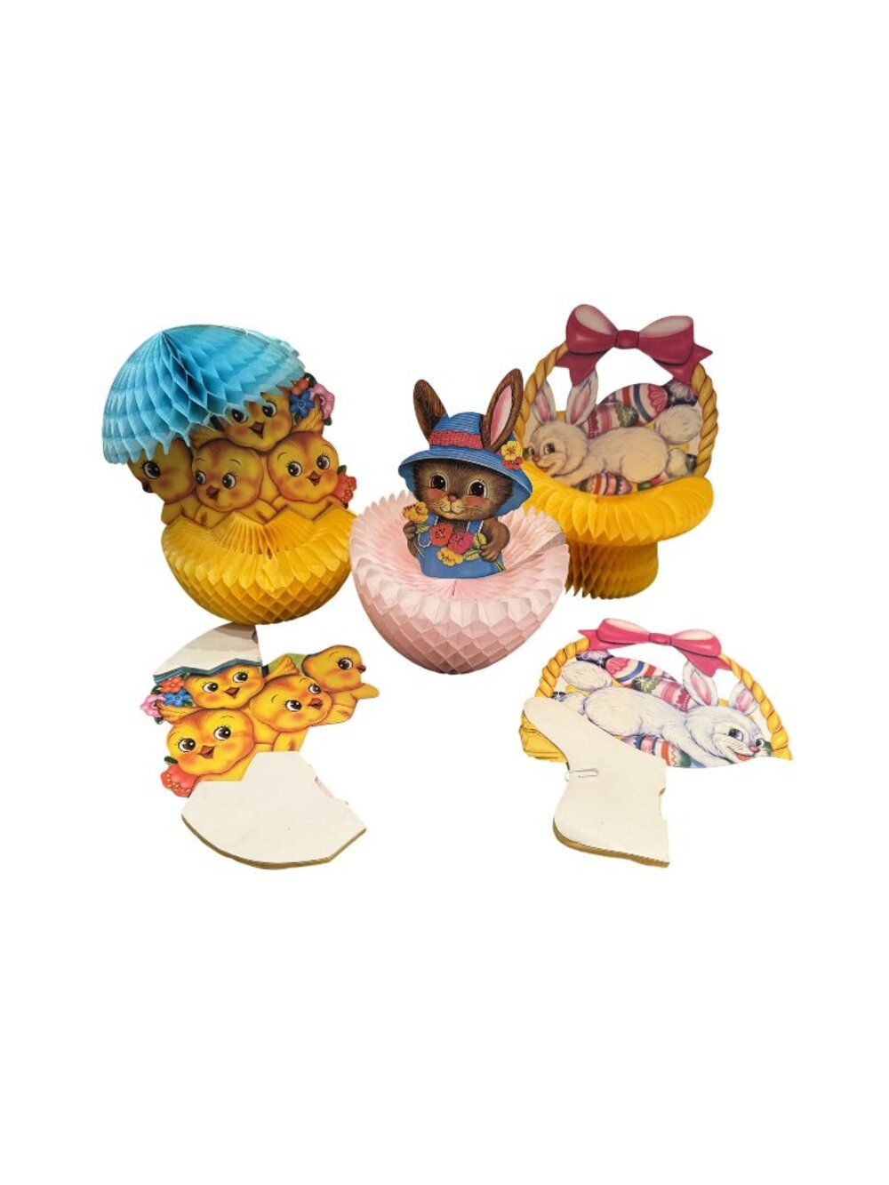 Vtg Easter Bunny Rabbit Chicks Baskets With Umbrella Honeycomb Decor Lot of 5